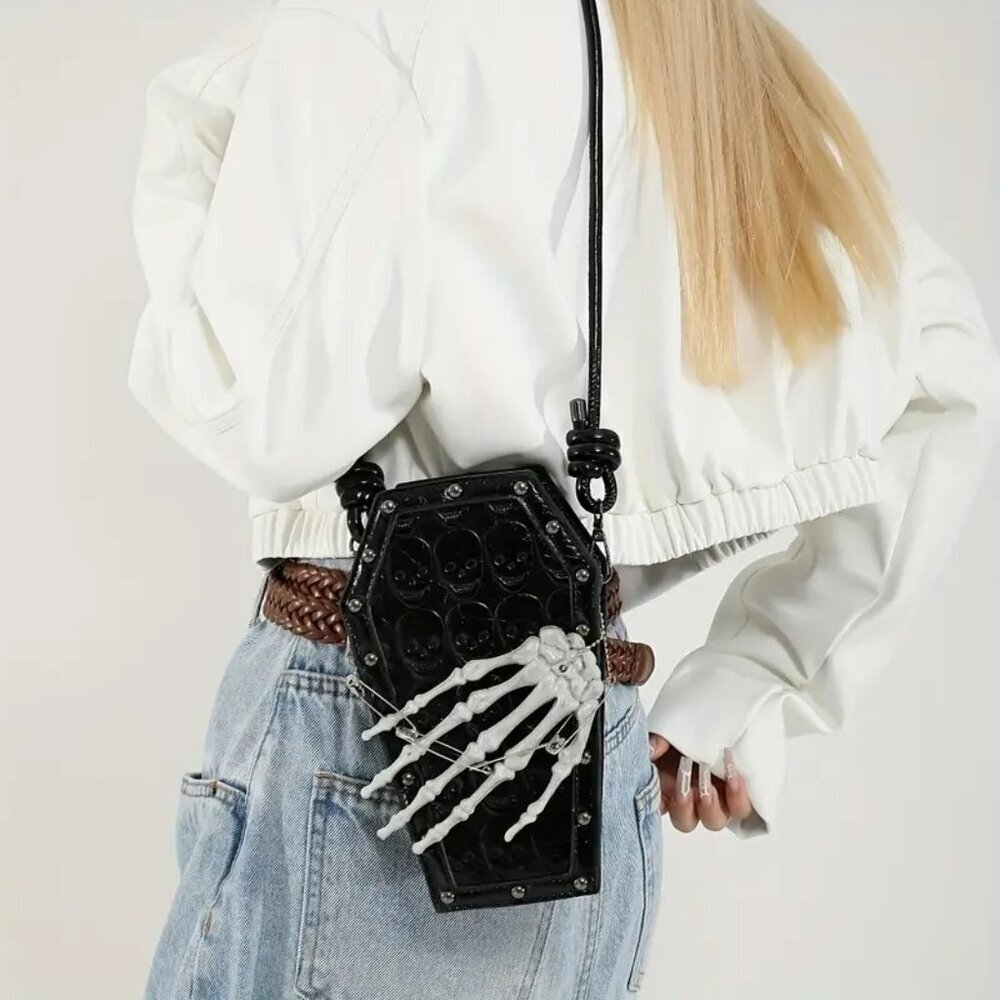 Coffin Black Gothic Skeleton Crossbody Bag NWT​ - Picture 4 of 4